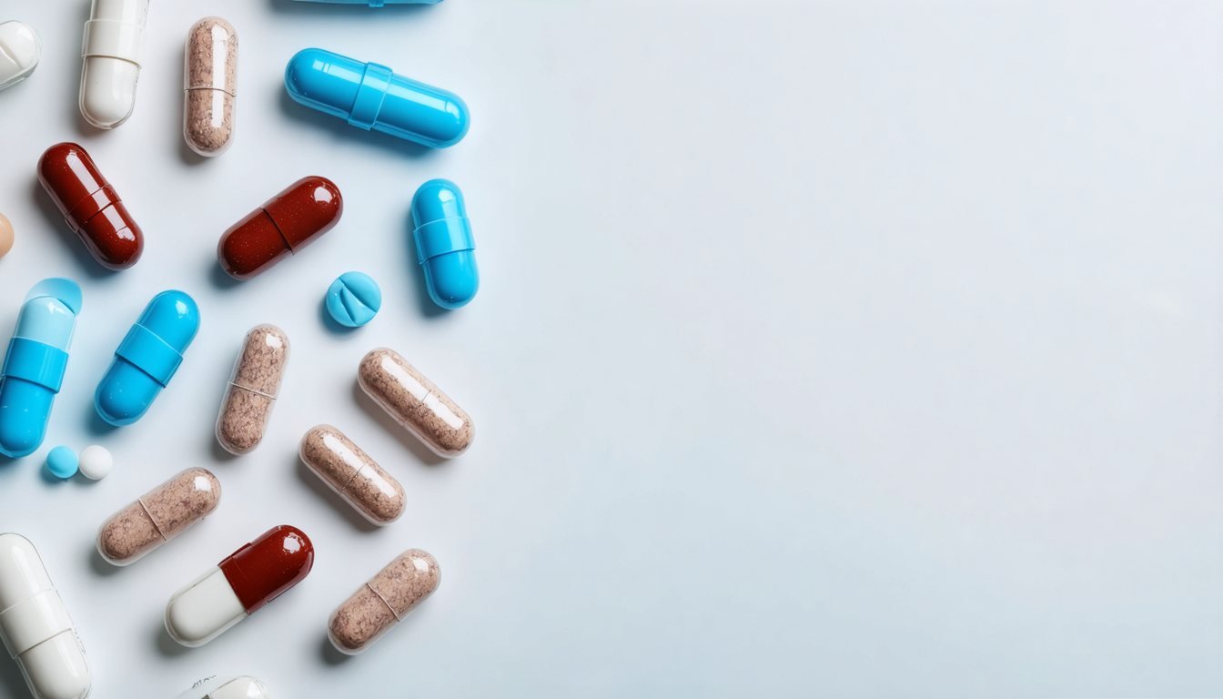 Various potency improvement supplements, capsules and herbal extracts arranged on a table with a glass of water